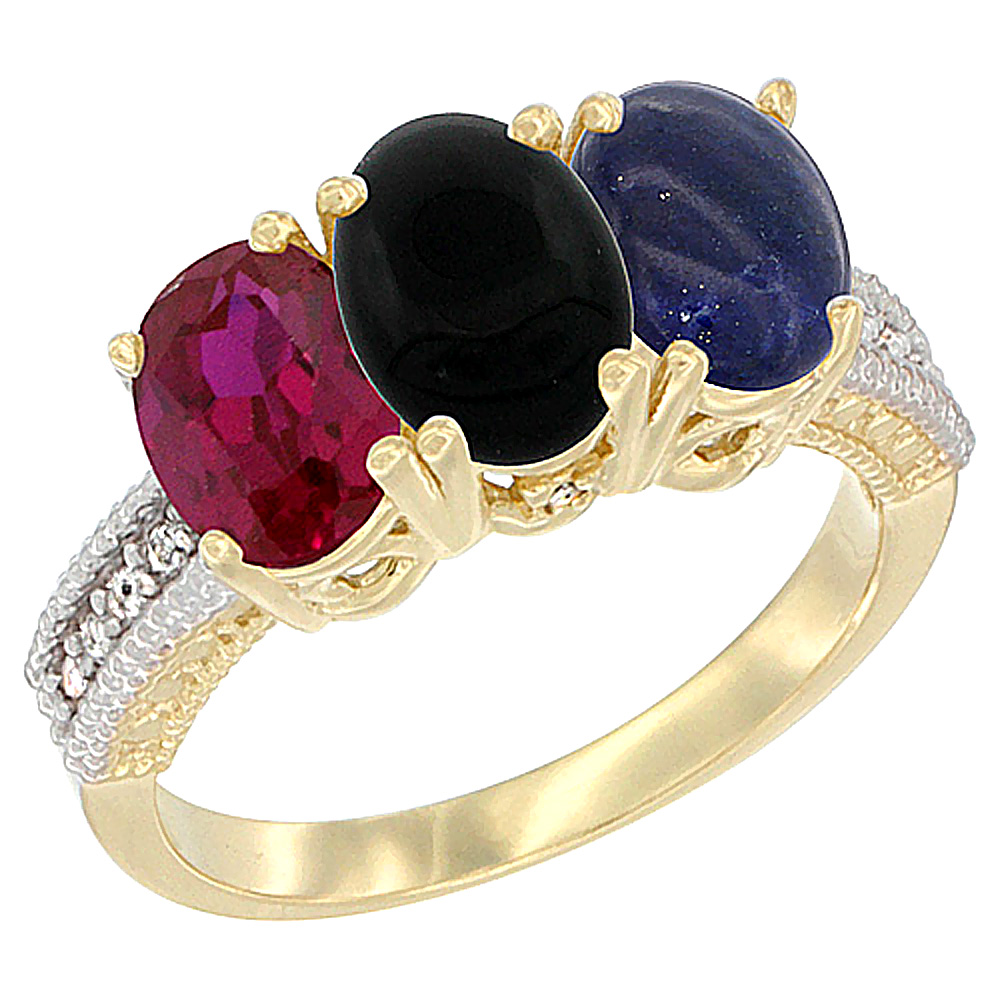 10K Yellow Gold Enhanced Ruby, Natural Black Onyx & Lapis Ring 3-Stone Oval 7x5 mm, sizes 5 - 10