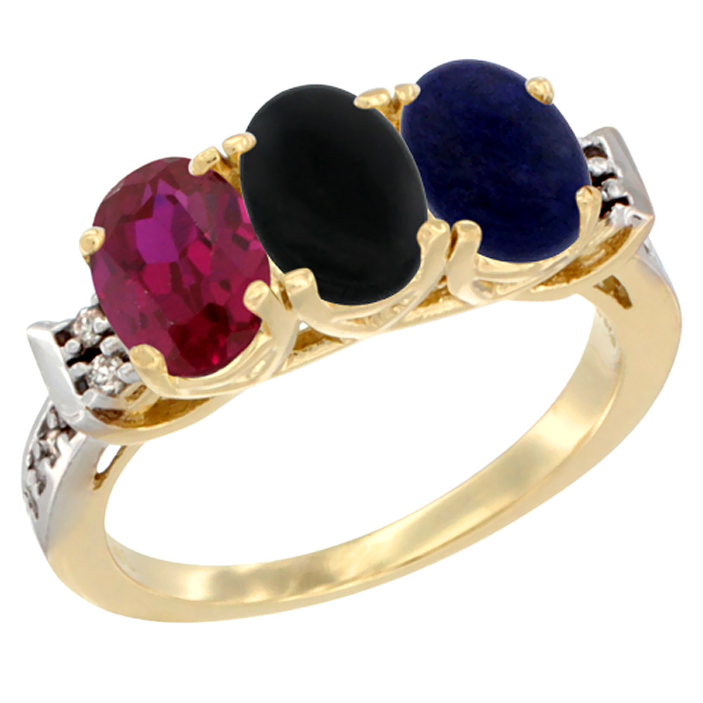 10K Yellow Gold Enhanced Ruby, Natural Black Onyx &amp; Lapis Ring 3-Stone Oval 7x5 mm Diamond Accent, sizes 5 - 10