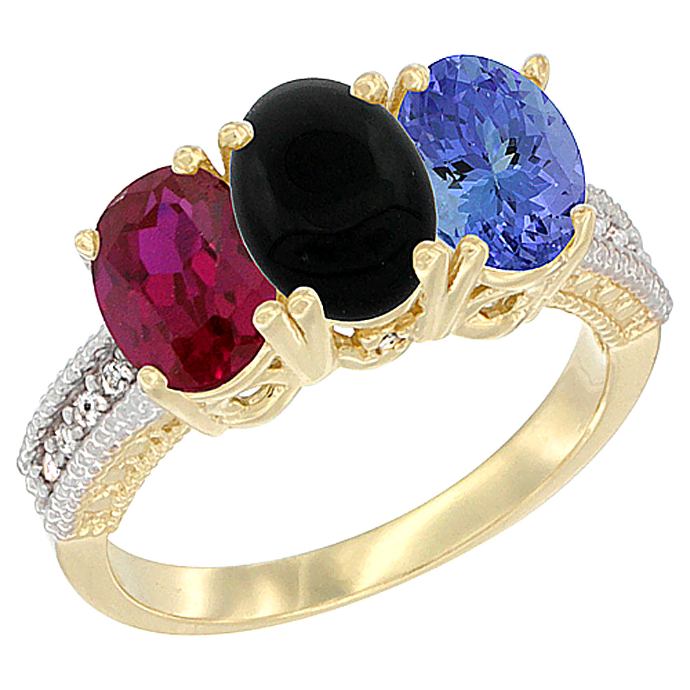 14K Yellow Gold Enhanced Enhanced Ruby, Natural Black Onyx & Tanzanite Ring 3-Stone Oval 7x5 mm Diamond Accent, sizes 5 - 10