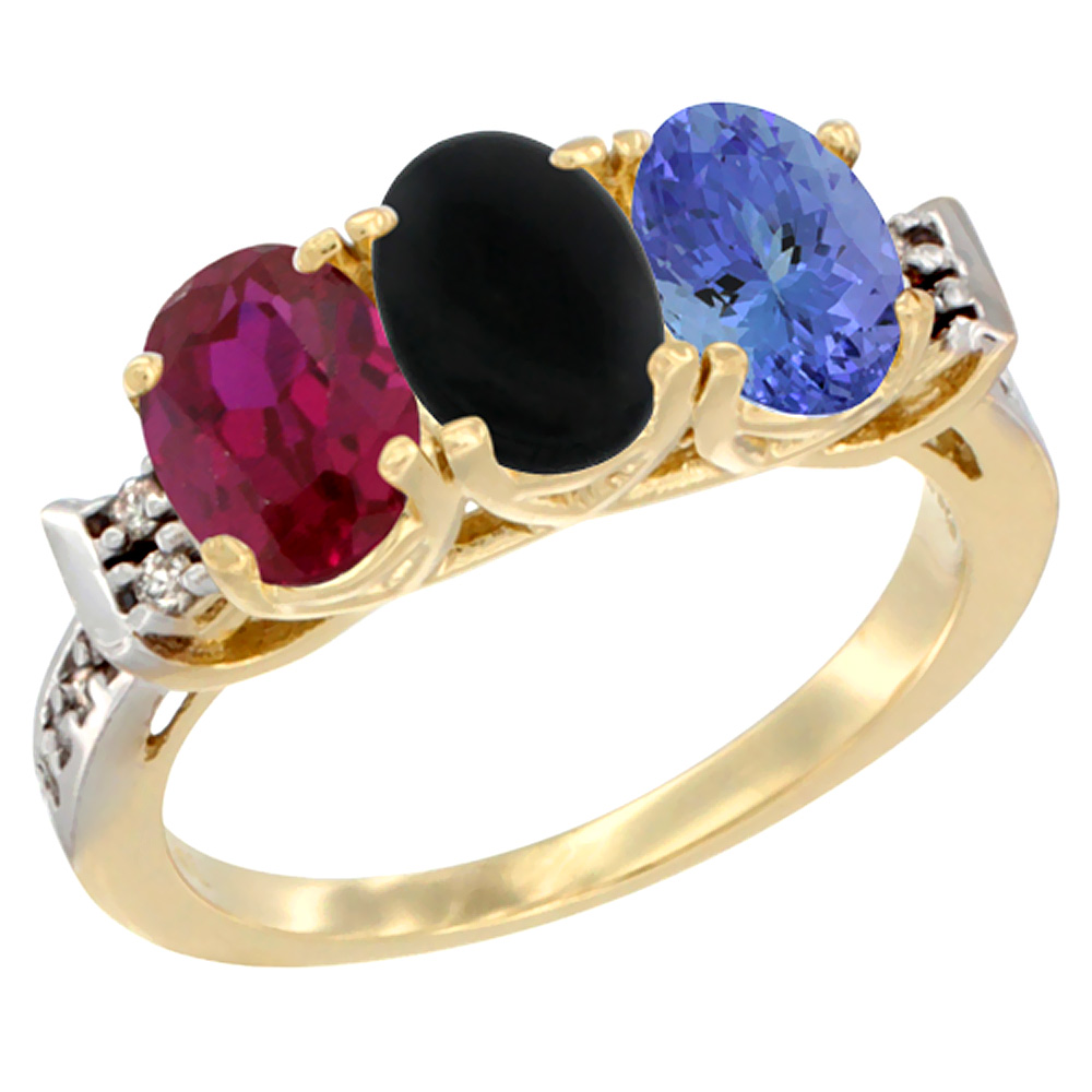 14K Yellow Gold Enhanced Ruby, Natural Black Onyx &amp; Tanzanite Ring 3-Stone Oval 7x5 mm Diamond Accent, sizes 5 - 10