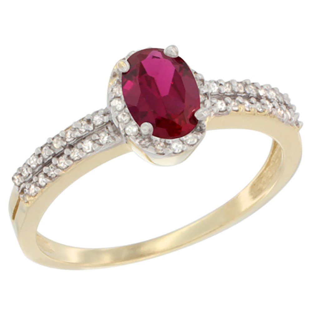 10K Yellow Gold Enhanced Ruby Ring Oval 6x4mm Diamond Accent, sizes 5-10