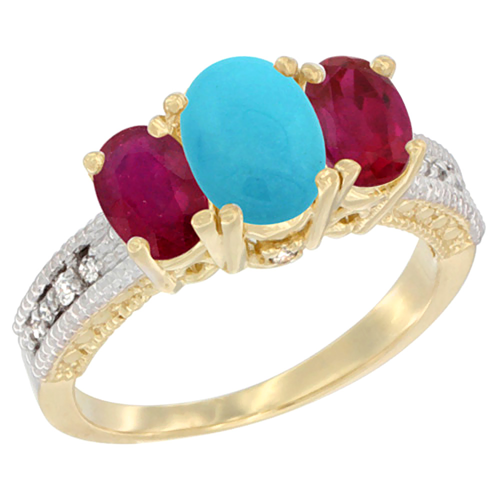 14K Yellow Gold Diamond Natural Turquoise Ring Oval 3-stone with Enhanced Ruby, sizes 5 - 10