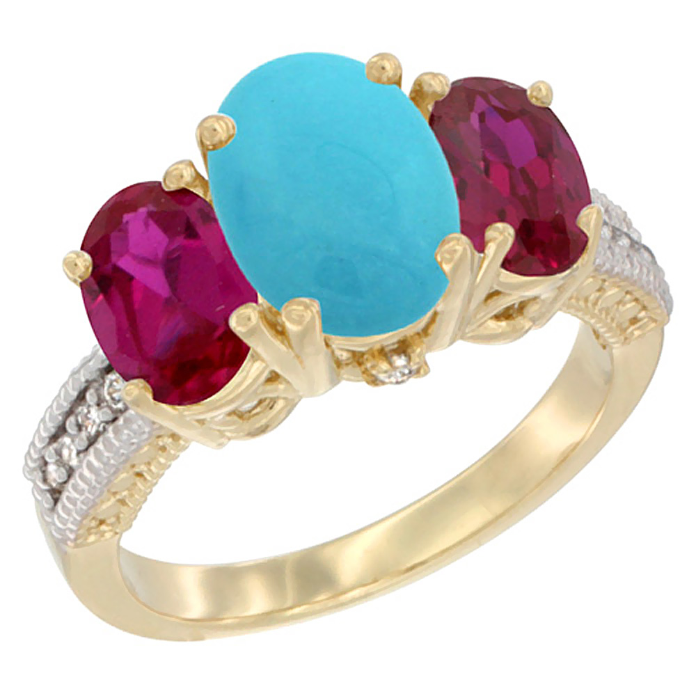 10K Yellow Gold Diamond Natural Turquoise Ring 3-Stone Oval 8x6mm with Ruby, sizes5-10
