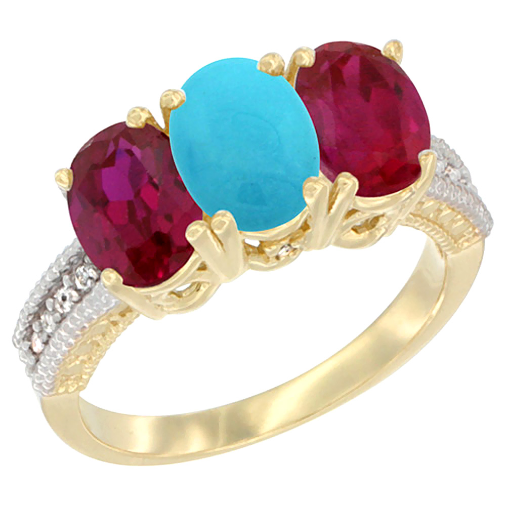 10K Yellow Gold Natural Turquoise &amp; Enhanced Ruby Ring 3-Stone Oval 7x5 mm, sizes 5 - 10