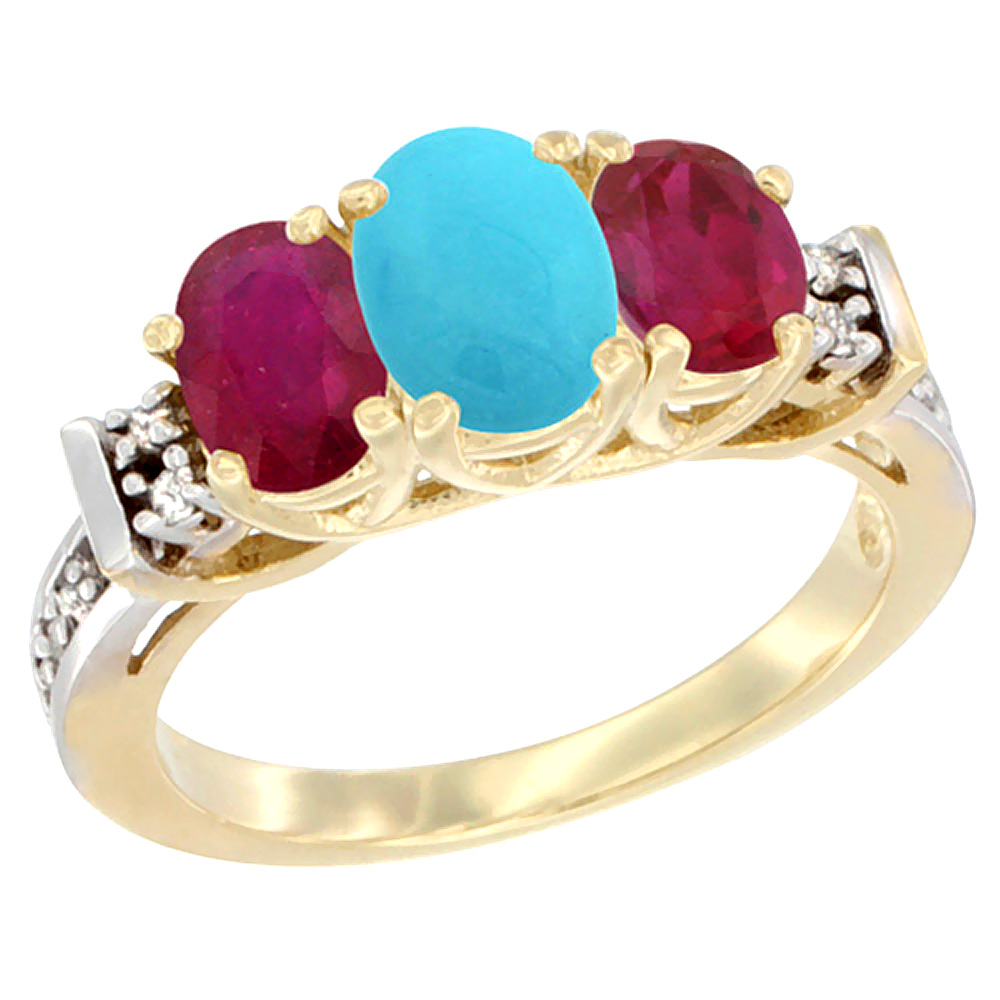 14K Yellow Gold Natural Turquoise &amp; Enhanced Ruby Ring 3-Stone Oval Diamond Accent