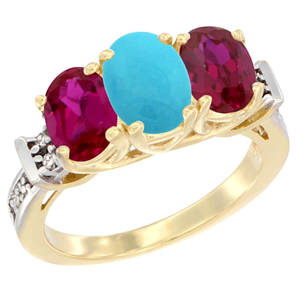 14K Yellow Gold Natural Turquoise & Enhanced Ruby Sides Ring 3-Stone Oval Diamond Accent, sizes 5 - 10