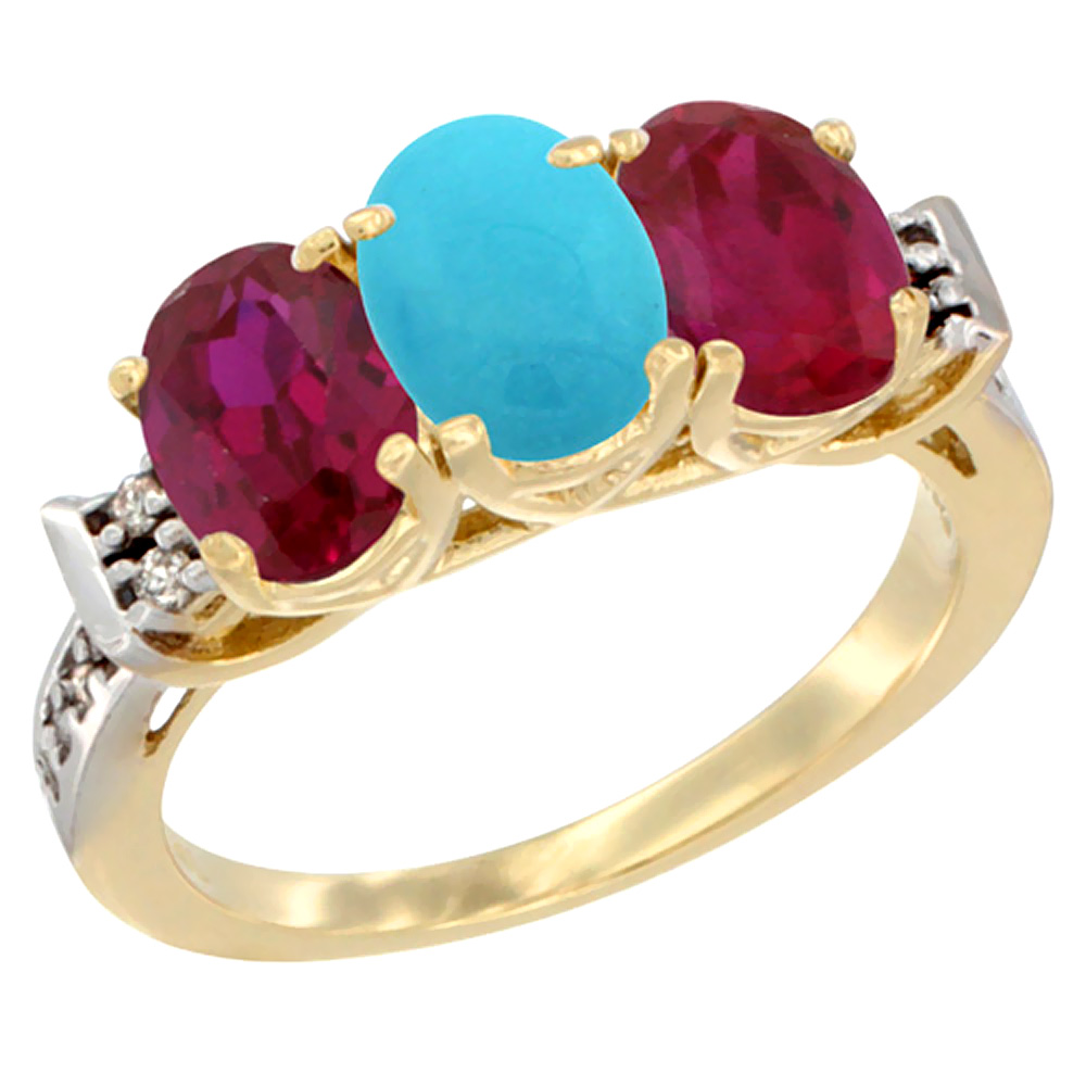 14K Yellow Gold Natural Turquoise &amp; Enhanced Ruby Sides Ring 3-Stone Oval 7x5 mm Diamond Accent, sizes 5 - 10