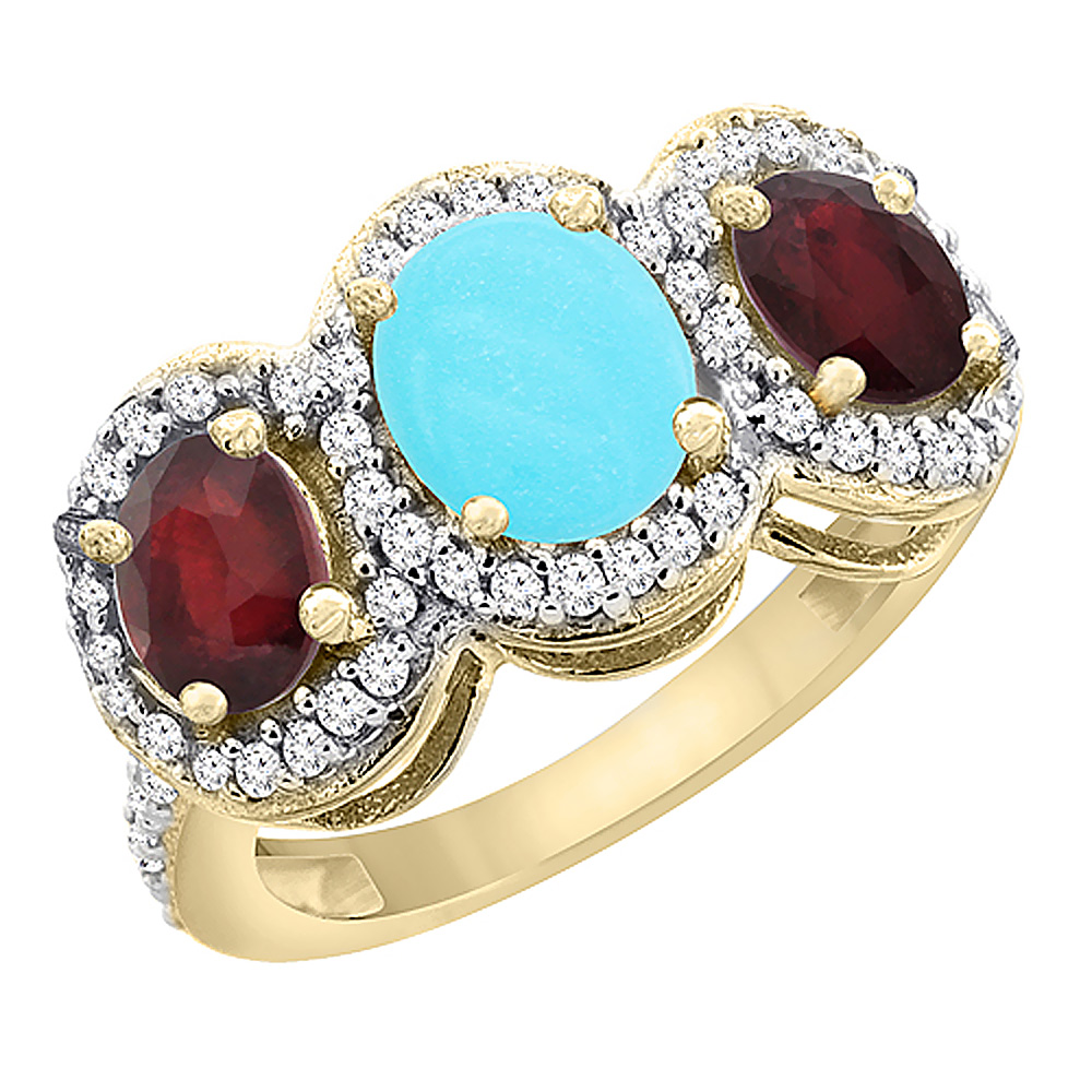 14K Yellow Gold Natural Turquoise &amp; Enhanced Ruby Sides 3-Stone Ring Oval Diamond Accent, sizes 5 - 10