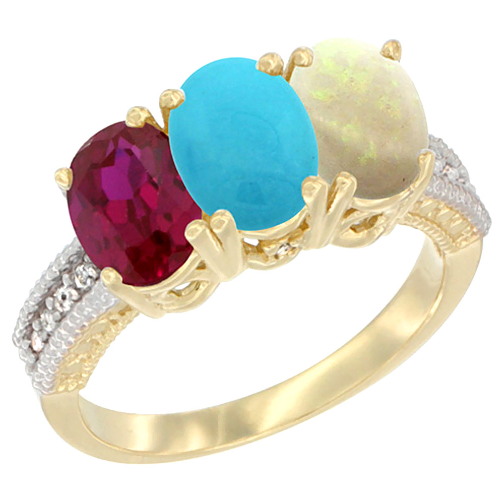 10K Yellow Gold Enhanced Ruby, Natural Turquoise & Opal Ring 3-Stone Oval 7x5 mm, sizes 5 - 10