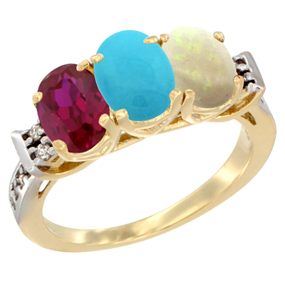 10K Yellow Gold Enhanced Ruby, Natural Turquoise & Opal Ring 3-Stone Oval 7x5 mm Diamond Accent, sizes 5 - 10