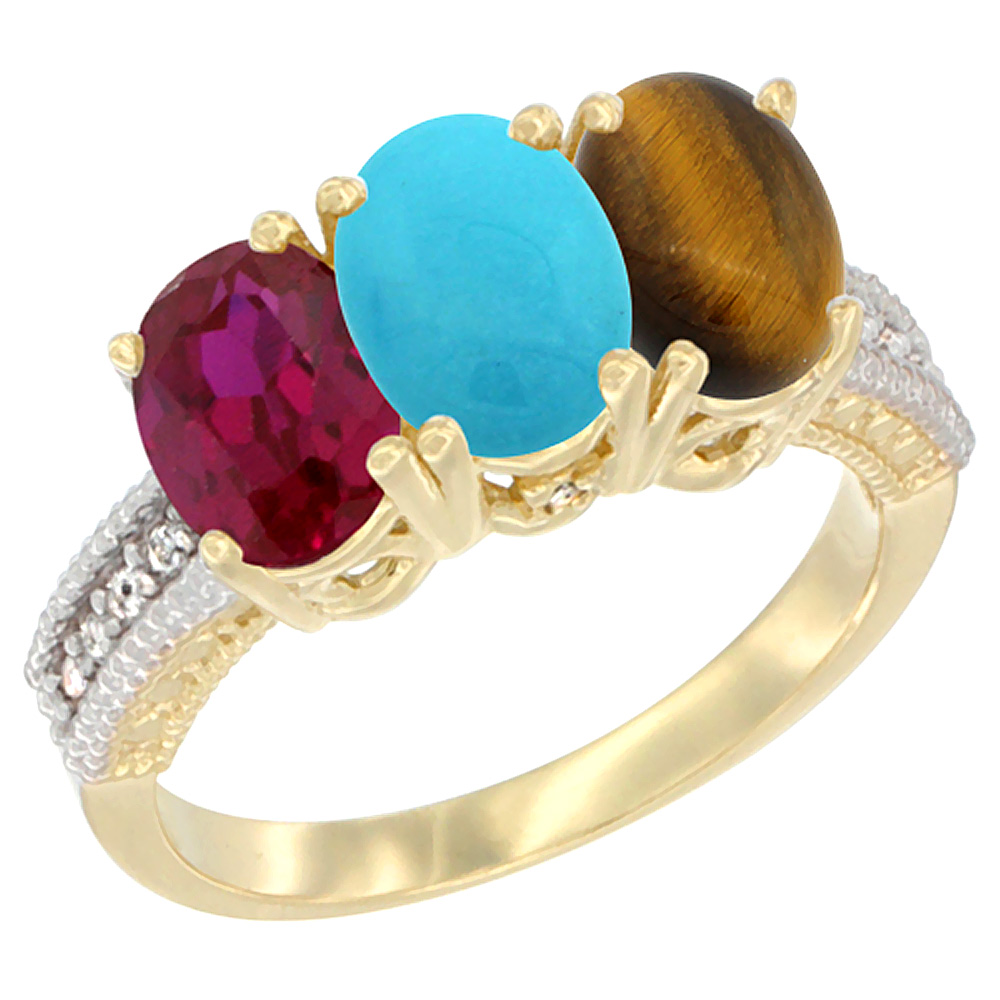 10K Yellow Gold Enhanced Ruby, Natural Turquoise &amp; Tiger Eye Ring 3-Stone Oval 7x5 mm, sizes 5 - 10