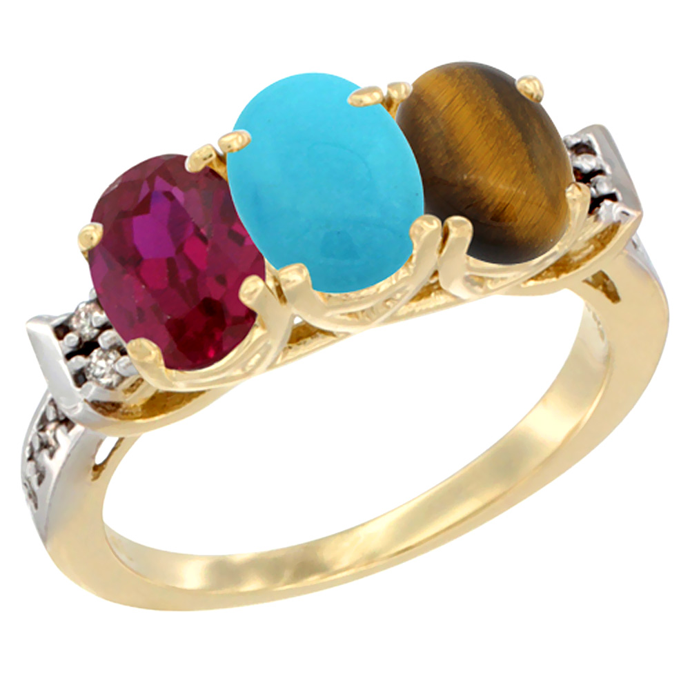10K Yellow Gold Enhanced Ruby, Natural Turquoise & Tiger Eye Ring 3-Stone Oval 7x5 mm Diamond Accent, sizes 5 - 10