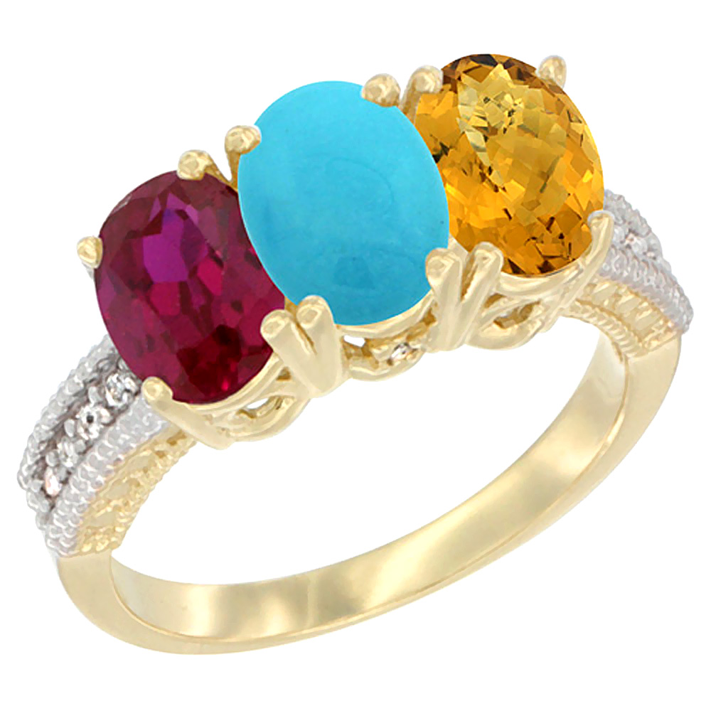 10K Yellow Gold Enhanced Ruby, Natural Turquoise &amp; Whisky Quartz Ring 3-Stone Oval 7x5 mm, sizes 5 - 10