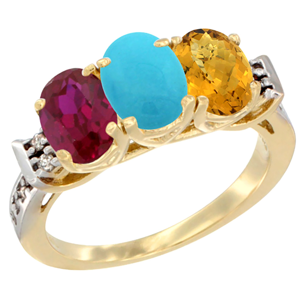 14K Yellow Gold Enhanced Ruby, Natural Turquoise & Whisky Quartz Ring 3-Stone Oval 7x5 mm Diamond Accent, sizes 5 - 10