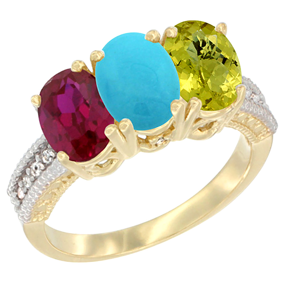 14K Yellow Gold Enhanced Enhanced Ruby, Natural Turquoise & Lemon Quartz Ring 3-Stone Oval 7x5 mm Diamond Accent, sizes 5 - 10