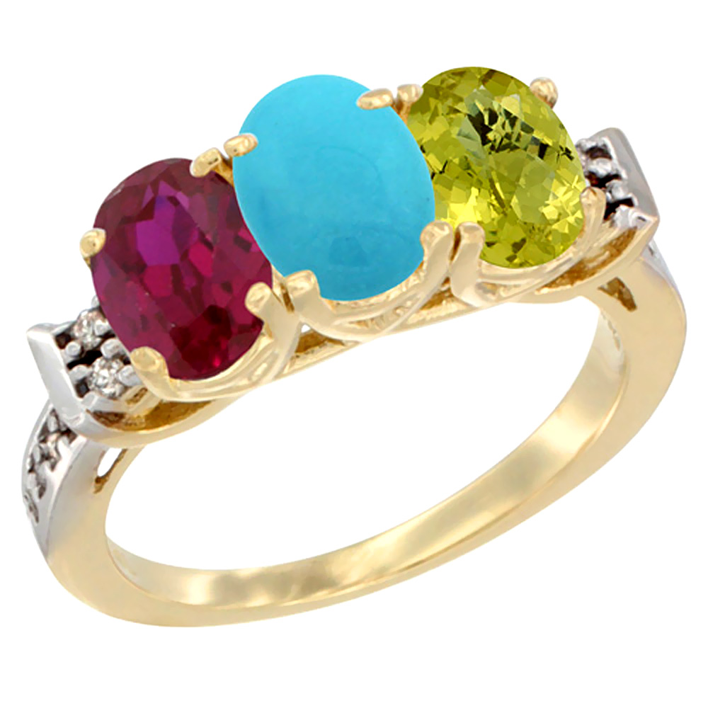 14K Yellow Gold Enhanced Ruby, Natural Turquoise & Lemon Quartz Ring 3-Stone Oval 7x5 mm Diamond Accent, sizes 5 - 10