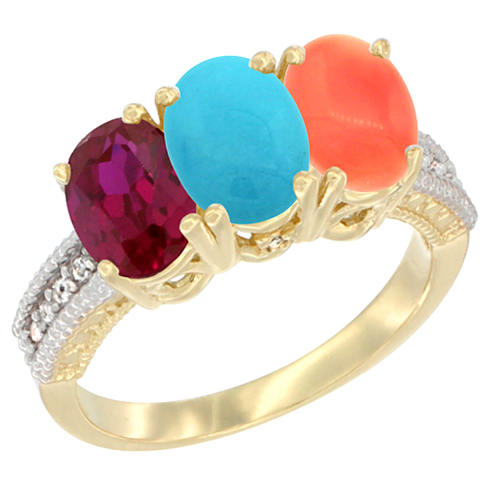10K Yellow Gold Enhanced Ruby, Natural Turquoise & Coral Ring 3-Stone Oval 7x5 mm, sizes 5 - 10