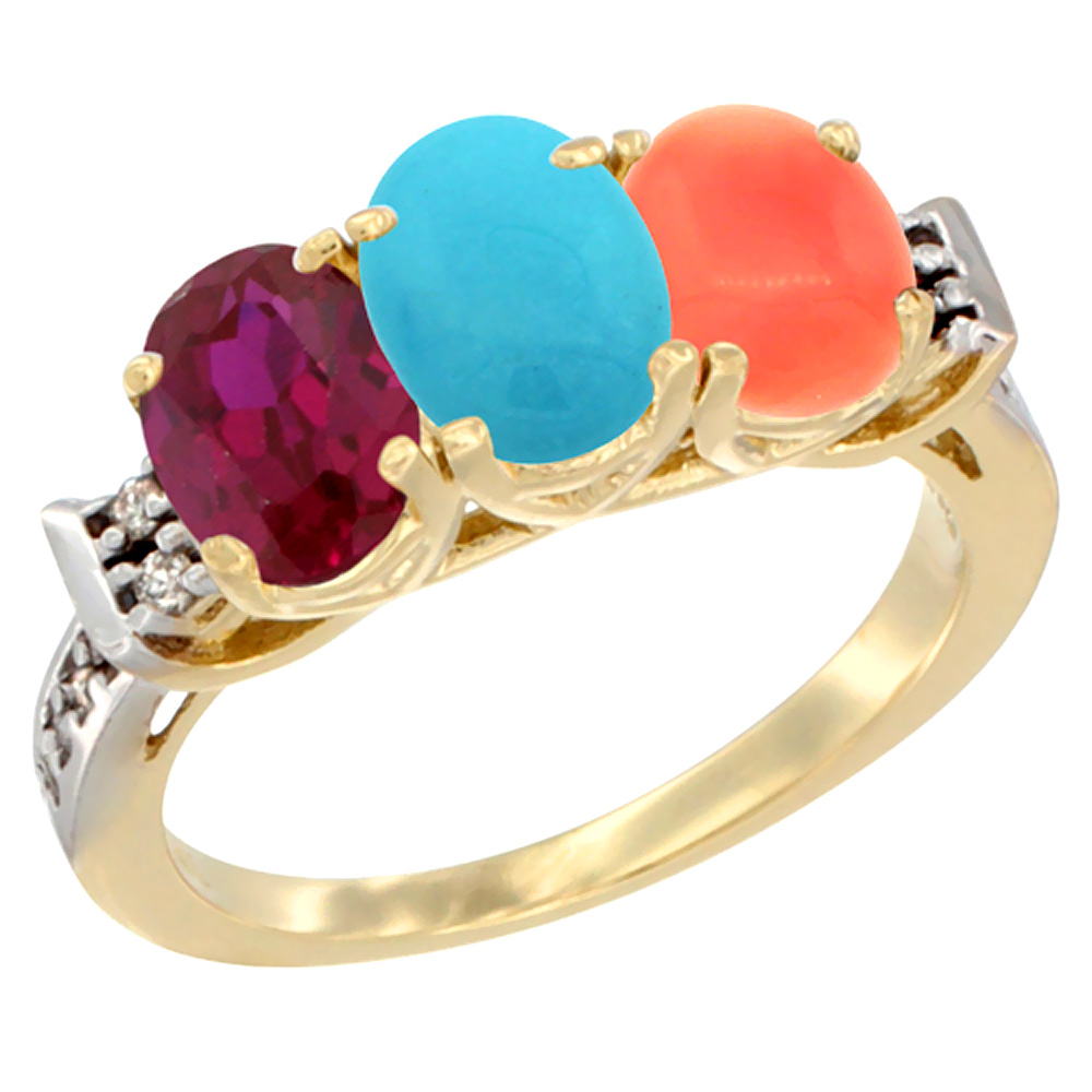 10K Yellow Gold Enhanced Ruby, Natural Turquoise & Coral Ring 3-Stone Oval 7x5 mm Diamond Accent, sizes 5 - 10
