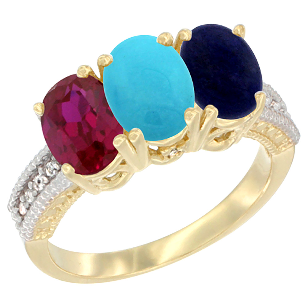 14K Yellow Gold Enhanced Enhanced Ruby, Natural Turquoise &amp; Lapis Ring 3-Stone Oval 7x5 mm Diamond Accent, sizes 5 - 10