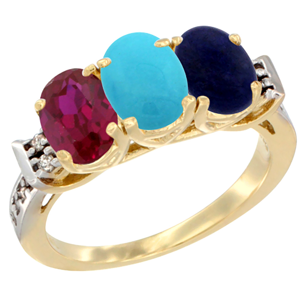 10K Yellow Gold Enhanced Ruby, Natural Turquoise & Lapis Ring 3-Stone Oval 7x5 mm Diamond Accent, sizes 5 - 10