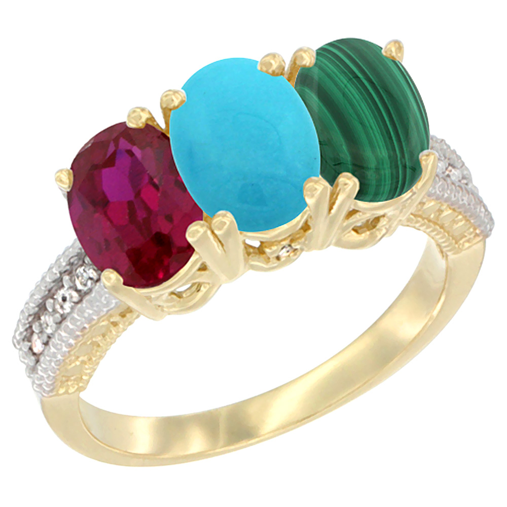 10K Yellow Gold Enhanced Ruby, Natural Turquoise & Malachite Ring 3-Stone Oval 7x5 mm, sizes 5 - 10