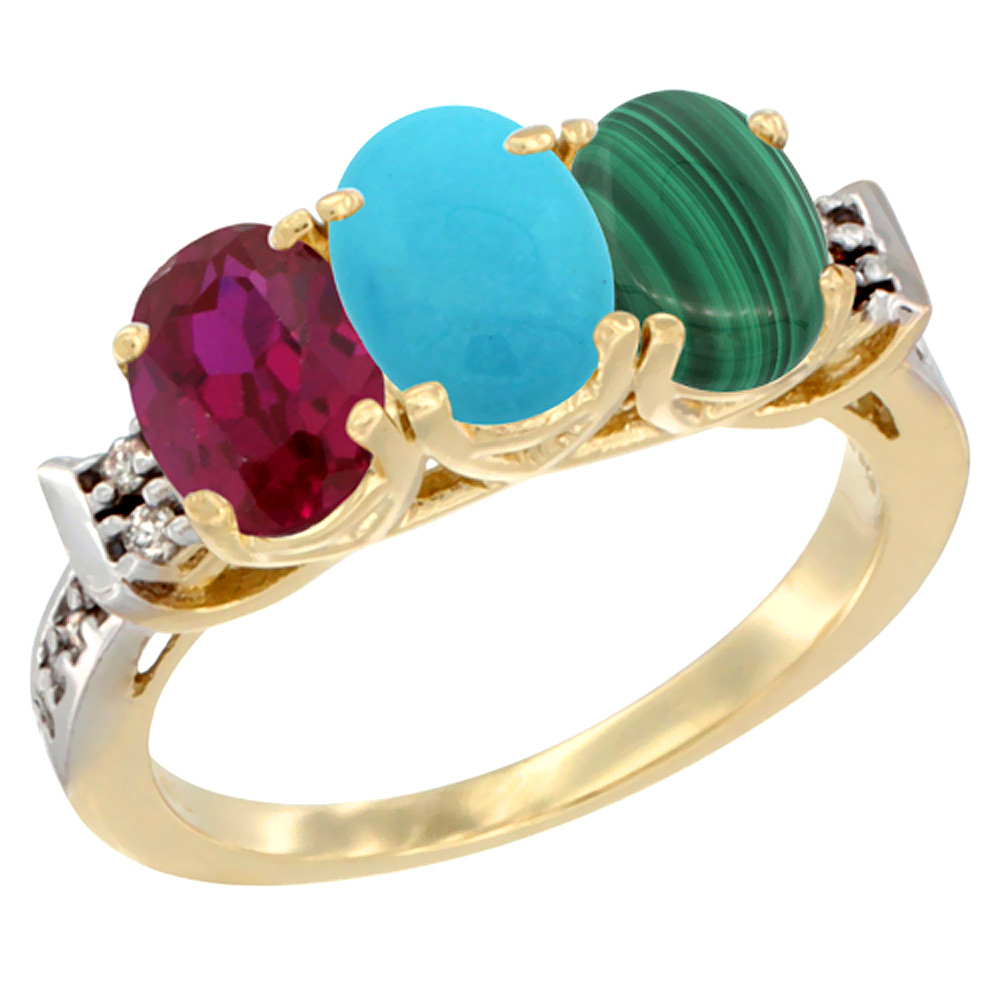 10K Yellow Gold Enhanced Ruby, Natural Turquoise & Malachite Ring 3-Stone Oval 7x5 mm Diamond Accent, sizes 5 - 10