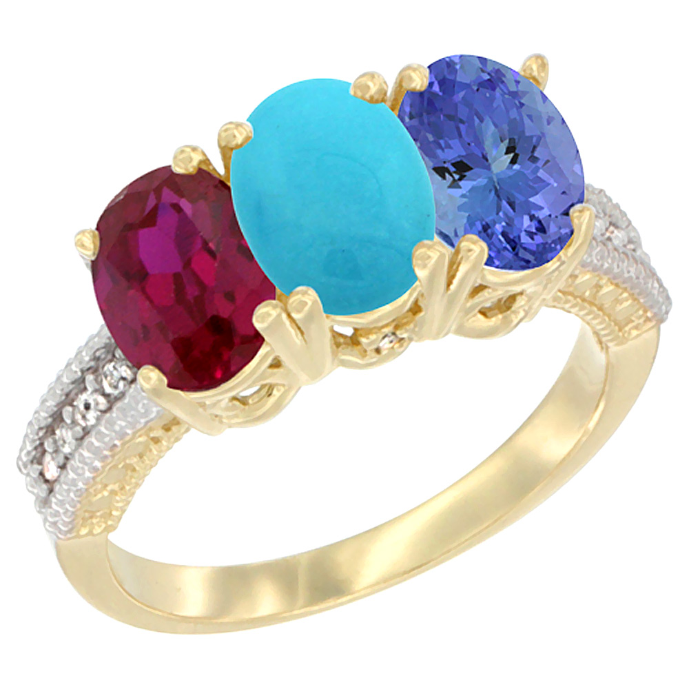10K Yellow Gold Enhanced Ruby, Natural Turquoise & Tanzanite Ring 3-Stone Oval 7x5 mm, sizes 5 - 10