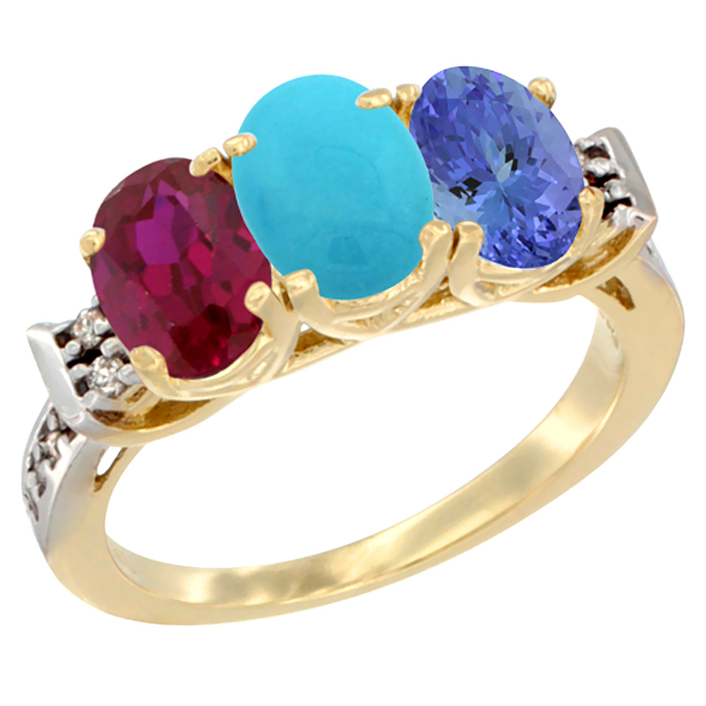 10K Yellow Gold Enhanced Ruby, Natural Turquoise & Tanzanite Ring 3-Stone Oval 7x5 mm Diamond Accent, sizes 5 - 10