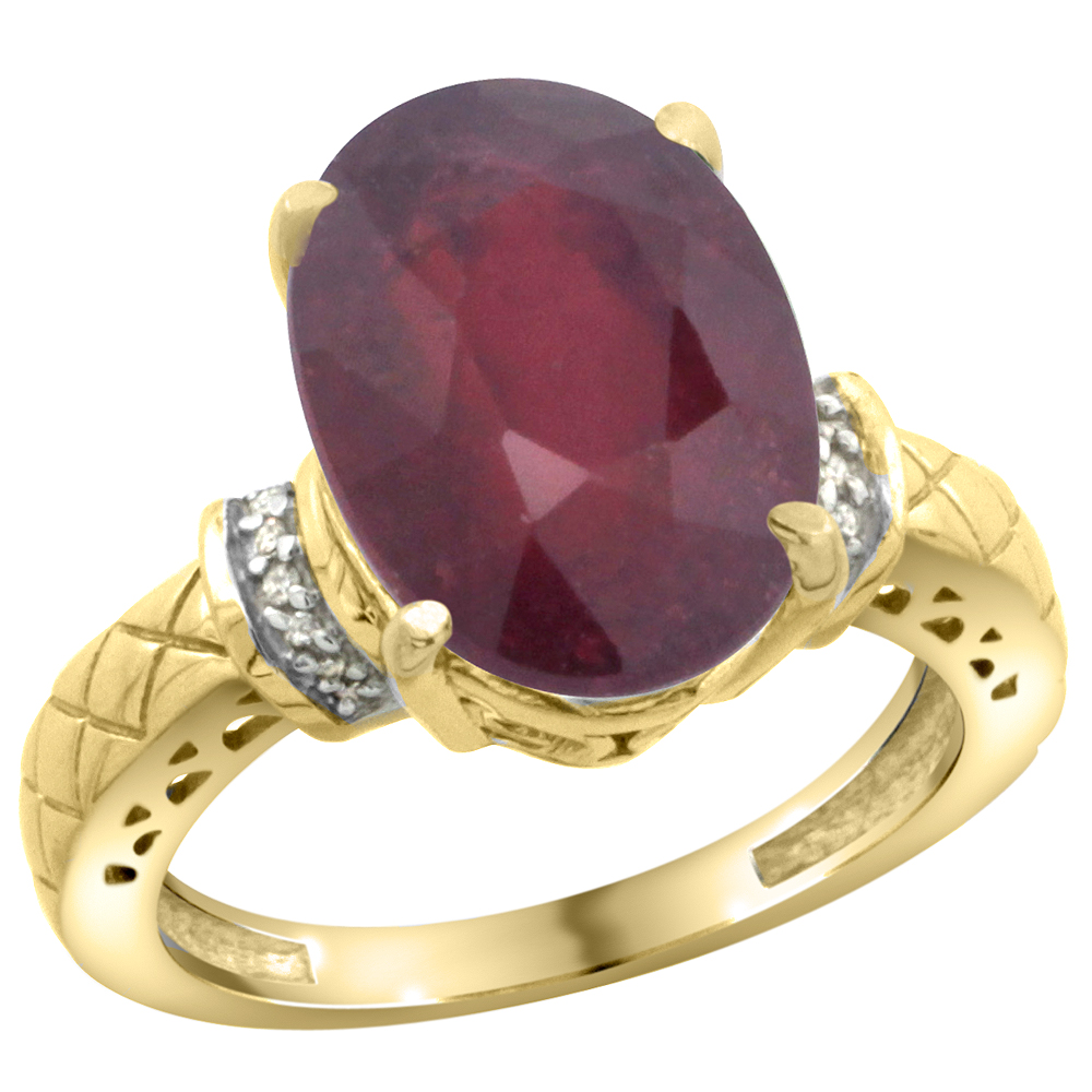 10K Yellow Gold Diamond Natural Enhanced Ruby Ring Oval 14x10mm, sizes 5-10