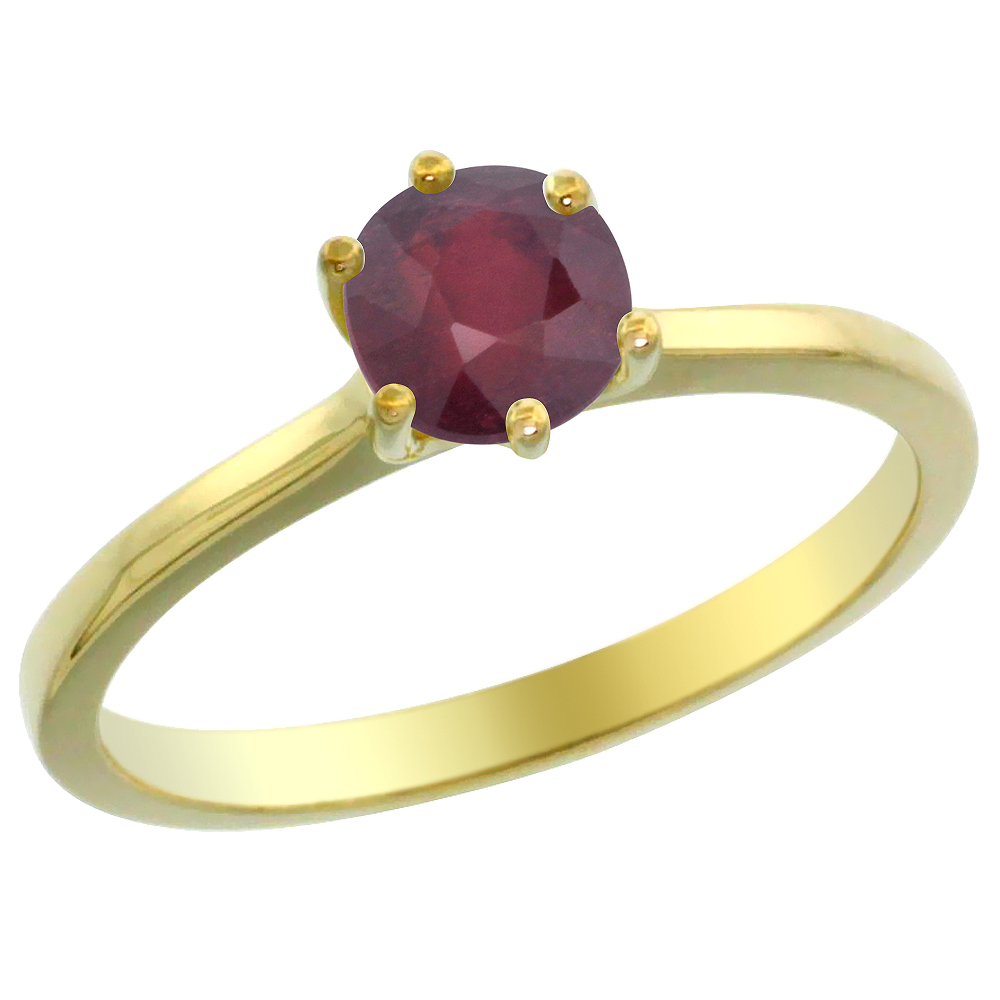 14K Yellow Gold Natural Enhanced Genuine Ruby Solitaire Ring Round 6mm, sizes 5 - 10