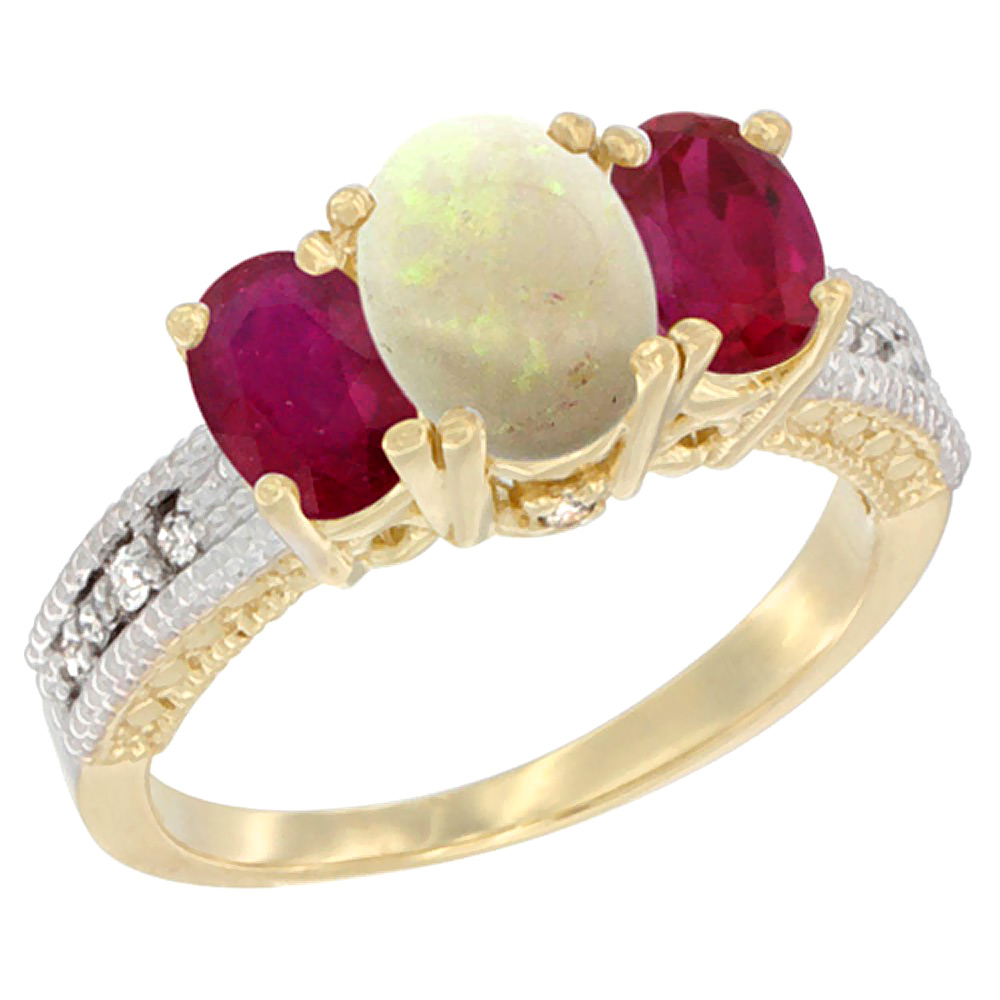 14K Yellow Gold Diamond Natural Opal Ring Oval 3-stone with Enhanced Ruby, sizes 5 - 10