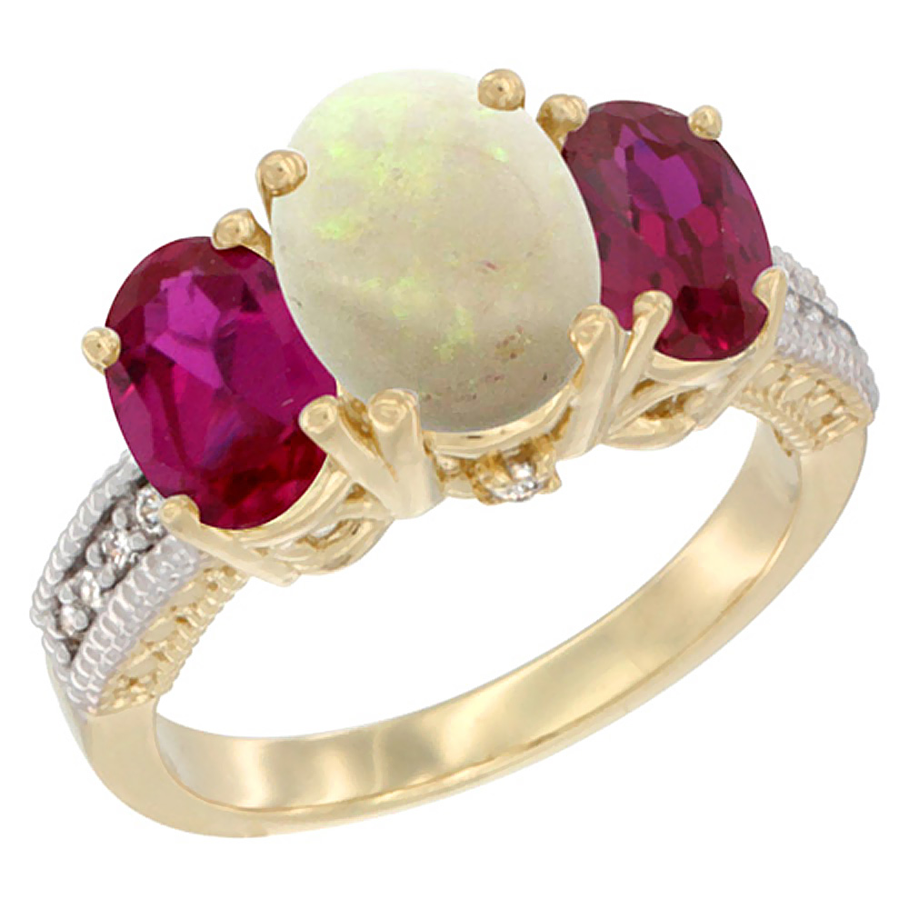 14K Yellow Gold Diamond Natural Opal Ring 3-Stone Oval 8x6mm with Ruby, sizes5-10