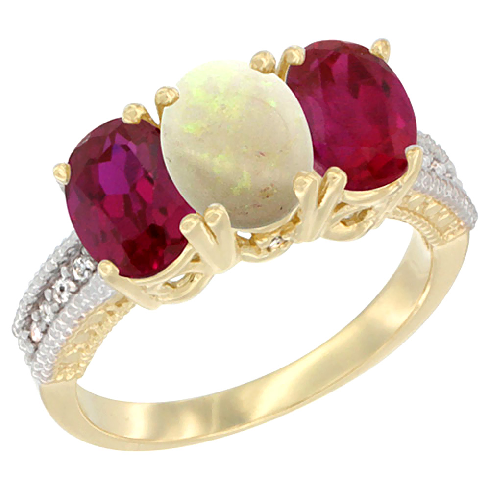 14K Yellow Gold Natural Opal & Enhanced Ruby Sides Ring 3-Stone 7x5 mm Oval Diamond Accent, sizes 5 - 10
