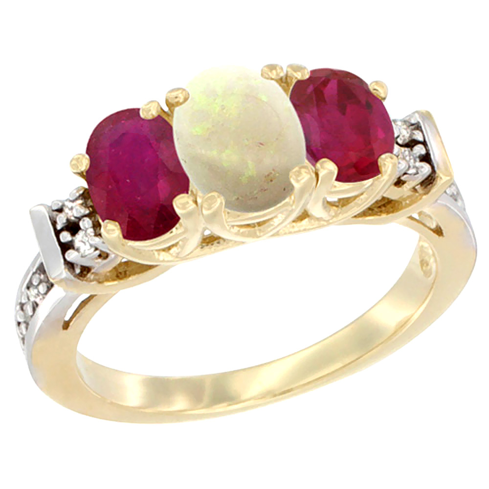 14K Yellow Gold Natural Opal &amp; Enhanced Ruby Ring 3-Stone Oval Diamond Accent