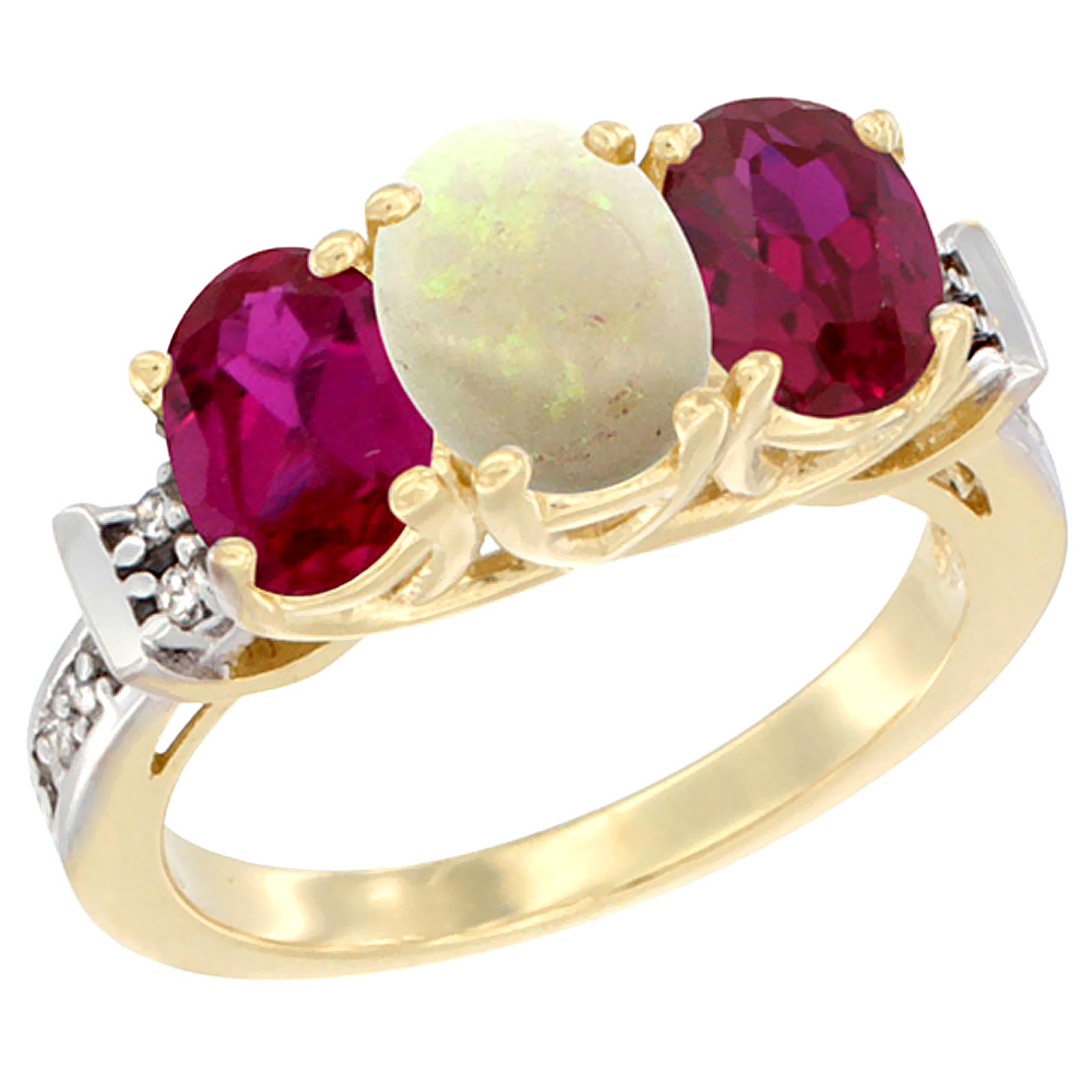 14K Yellow Gold Natural Opal & Enhanced Ruby Sides Ring 3-Stone Oval Diamond Accent, sizes 5 - 10