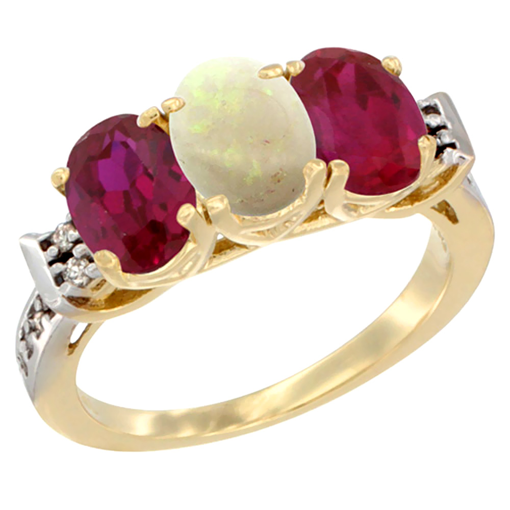 14K Yellow Gold Natural Opal &amp; Enhanced Ruby Sides Ring 3-Stone Oval 7x5 mm Diamond Accent, sizes 5 - 10