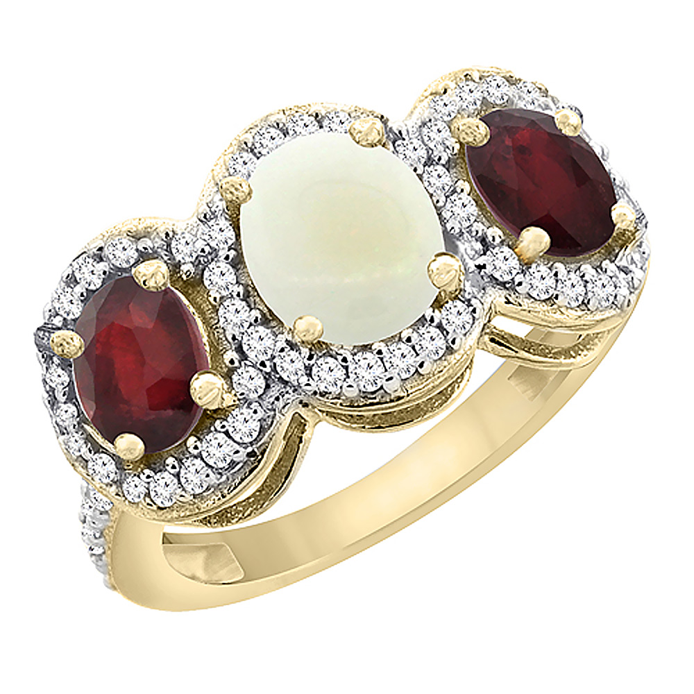 14K Yellow Gold Natural Opal &amp; Enhanced Ruby 3-Stone Ring Oval Diamond Accent, sizes 5 - 10