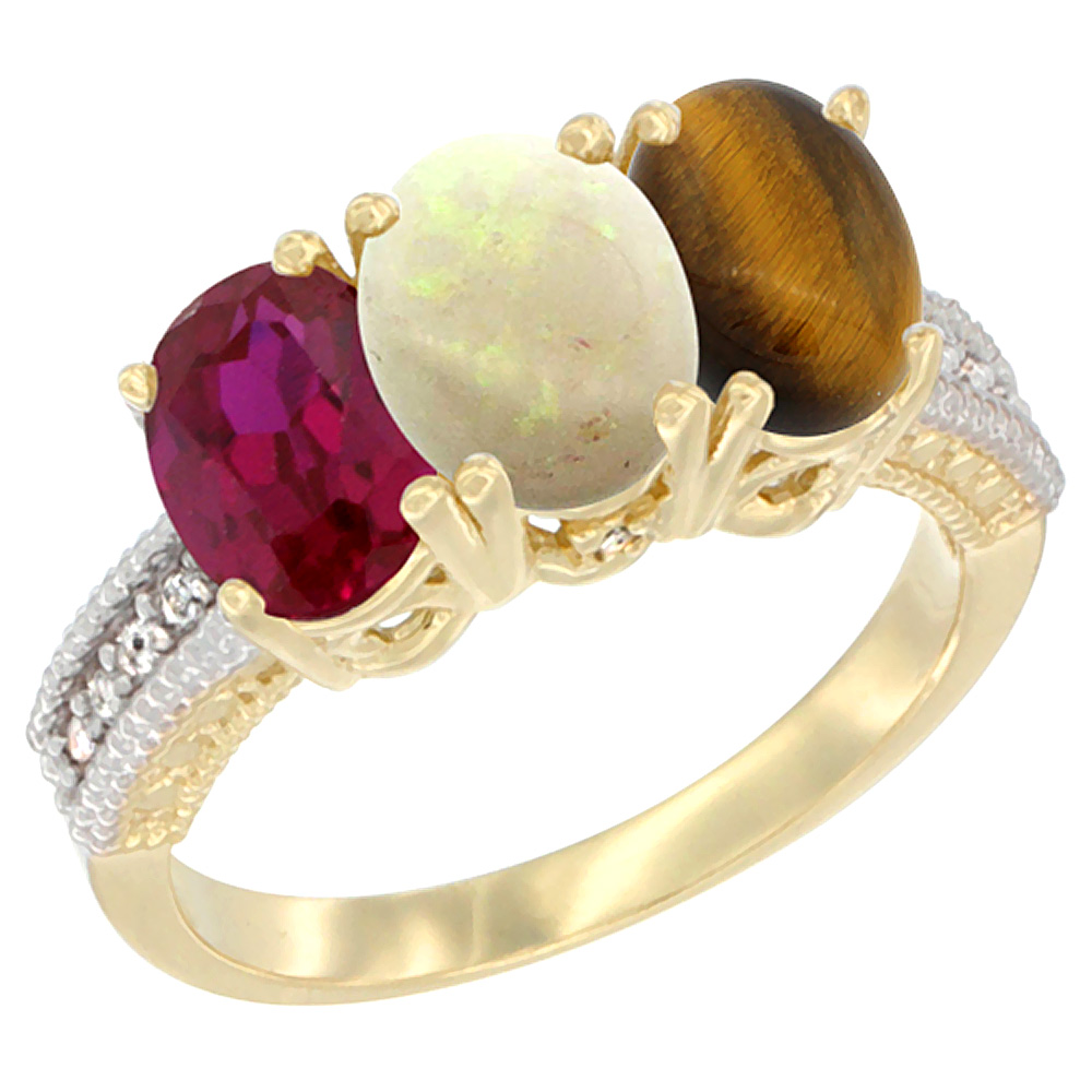 10K Yellow Gold Diamond Enhanced Ruby, Natural Opal & Tiger Eye Ring 3-Stone 7x5 mm Oval, sizes 5 - 10