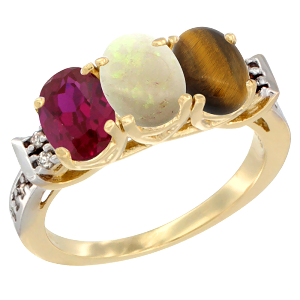14K Yellow Gold Enhanced Ruby, Natural Opal &amp; Tiger Eye Ring 3-Stone Oval 7x5 mm Diamond Accent, sizes 5 - 10