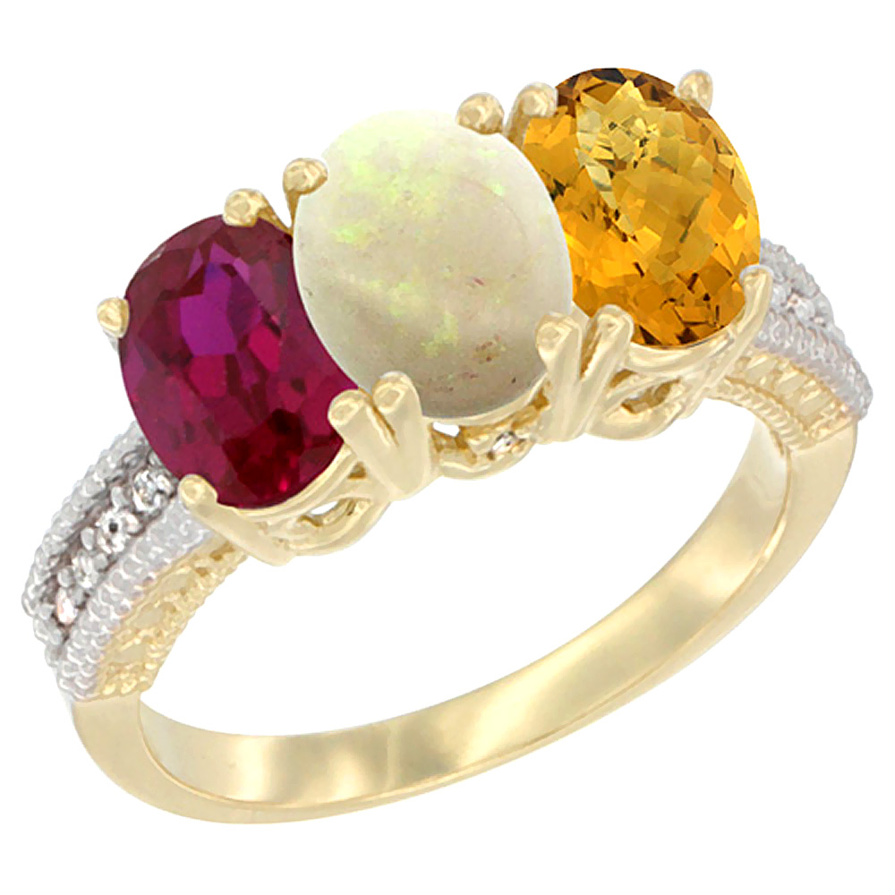 14K Yellow Gold Enhanced Ruby, Natural Opal & Whisky Quartz Ring 3-Stone 7x5 mm Oval Diamond Accent, sizes 5 - 10