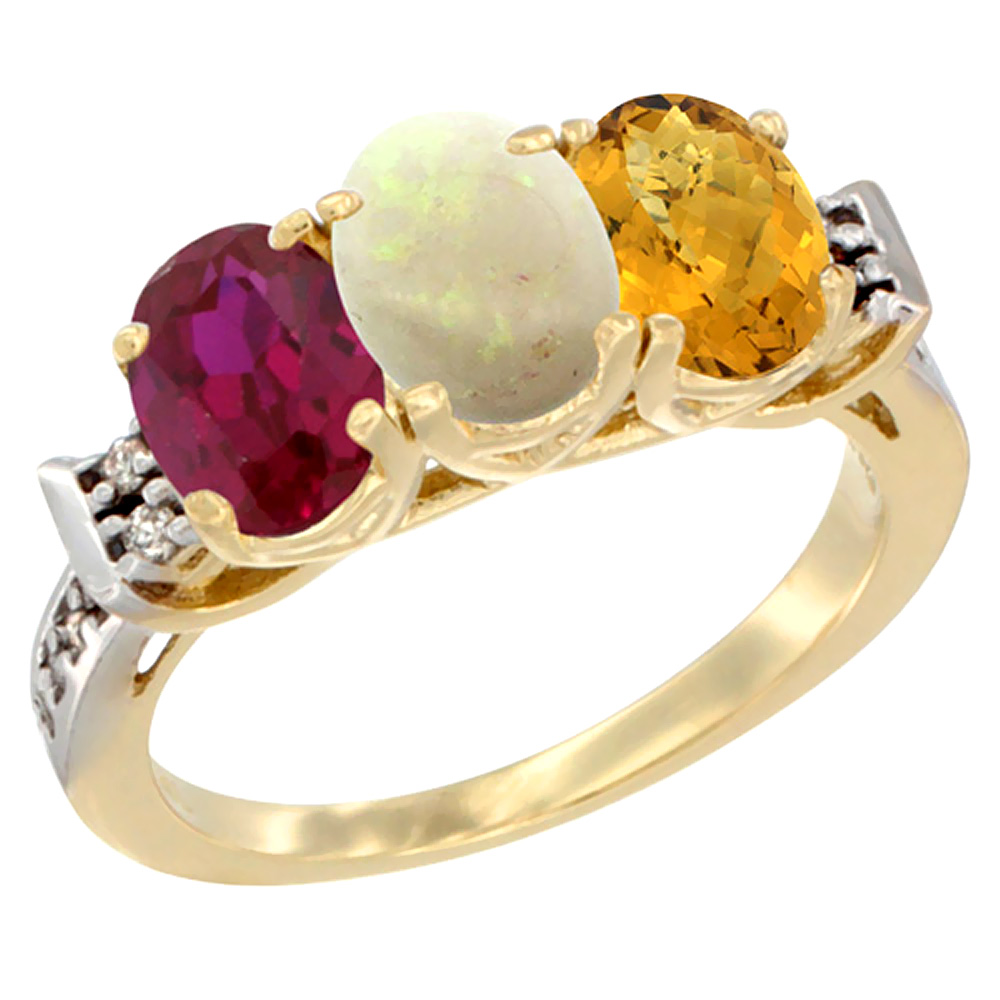 10K Yellow Gold Enhanced Ruby, Natural Opal & Whisky Quartz Ring 3-Stone Oval 7x5 mm Diamond Accent, sizes 5 - 10