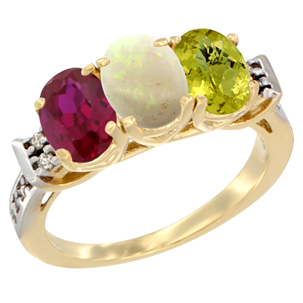 14K Yellow Gold Enhanced Ruby, Natural Opal & Lemon Quartz Ring 3-Stone Oval 7x5 mm Diamond Accent, sizes 5 - 10