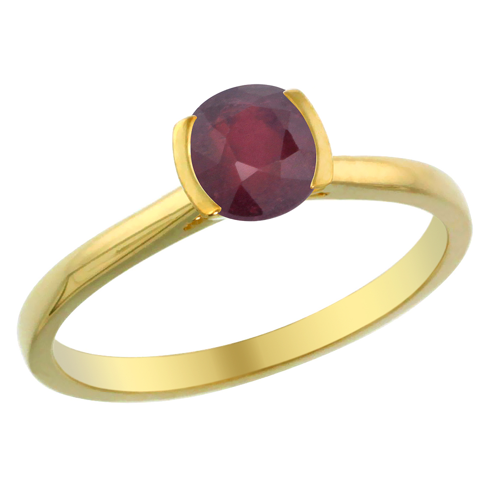 14K Yellow Gold Natural Enhanced Genuine Ruby Solitaire Ring Round 5mm, sizes 5 - 10