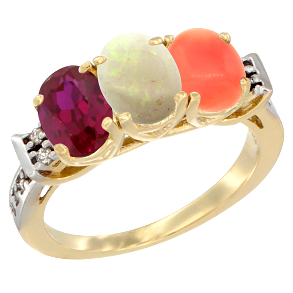 10K Yellow Gold Enhanced Ruby, Natural Opal & Coral Ring 3-Stone Oval 7x5 mm Diamond Accent, sizes 5 - 10