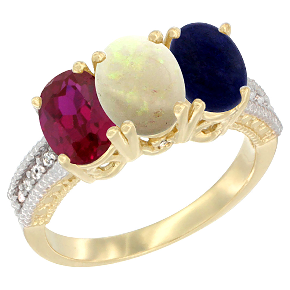 10K Yellow Gold Diamond Enhanced Ruby, Natural Opal & Lapis Ring 3-Stone 7x5 mm Oval, sizes 5 - 10