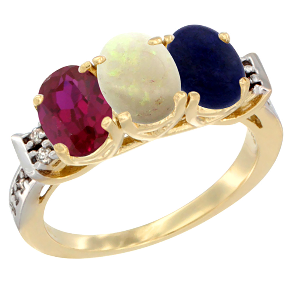 10K Yellow Gold Enhanced Ruby, Natural Opal &amp; Lapis Ring 3-Stone Oval 7x5 mm Diamond Accent, sizes 5 - 10