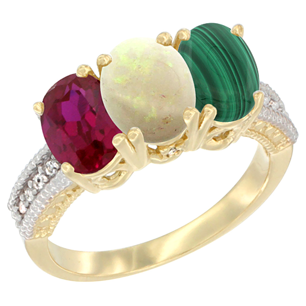 14K Yellow Gold Enhanced Ruby, Natural Opal & Malachite Ring 3-Stone 7x5 mm Oval Diamond Accent, sizes 5 - 10