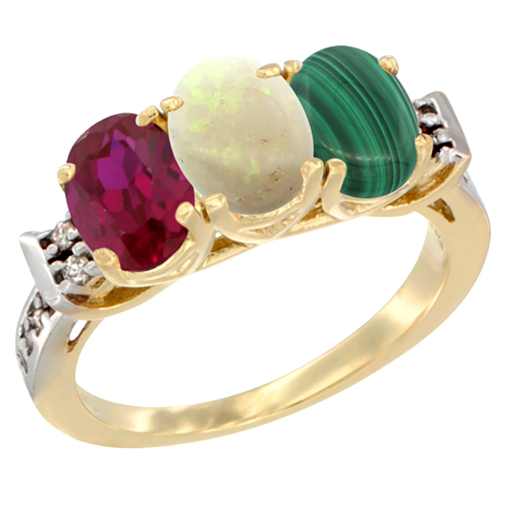 14K Yellow Gold Enhanced Ruby, Natural Opal &amp; Malachite Ring 3-Stone Oval 7x5 mm Diamond Accent, sizes 5 - 10
