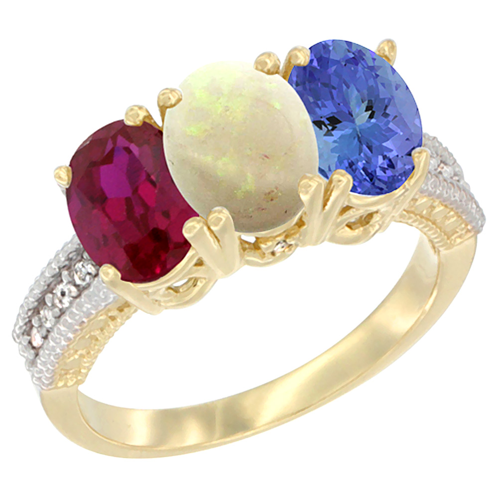 14K Yellow Gold Enhanced Ruby, Natural Opal &amp; Tanzanite Ring 3-Stone 7x5 mm Oval Diamond Accent, sizes 5 - 10