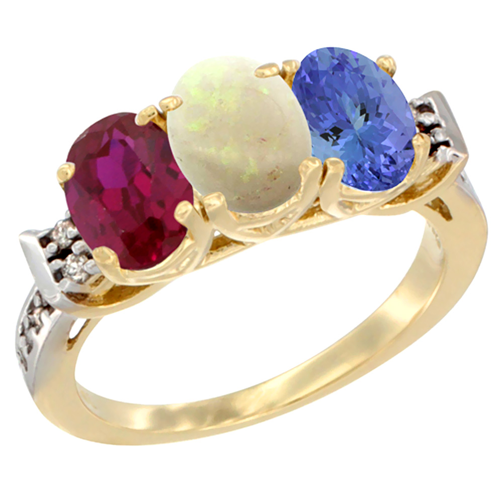 10K Yellow Gold Enhanced Ruby, Natural Opal & Tanzanite Ring 3-Stone Oval 7x5 mm Diamond Accent, sizes 5 - 10